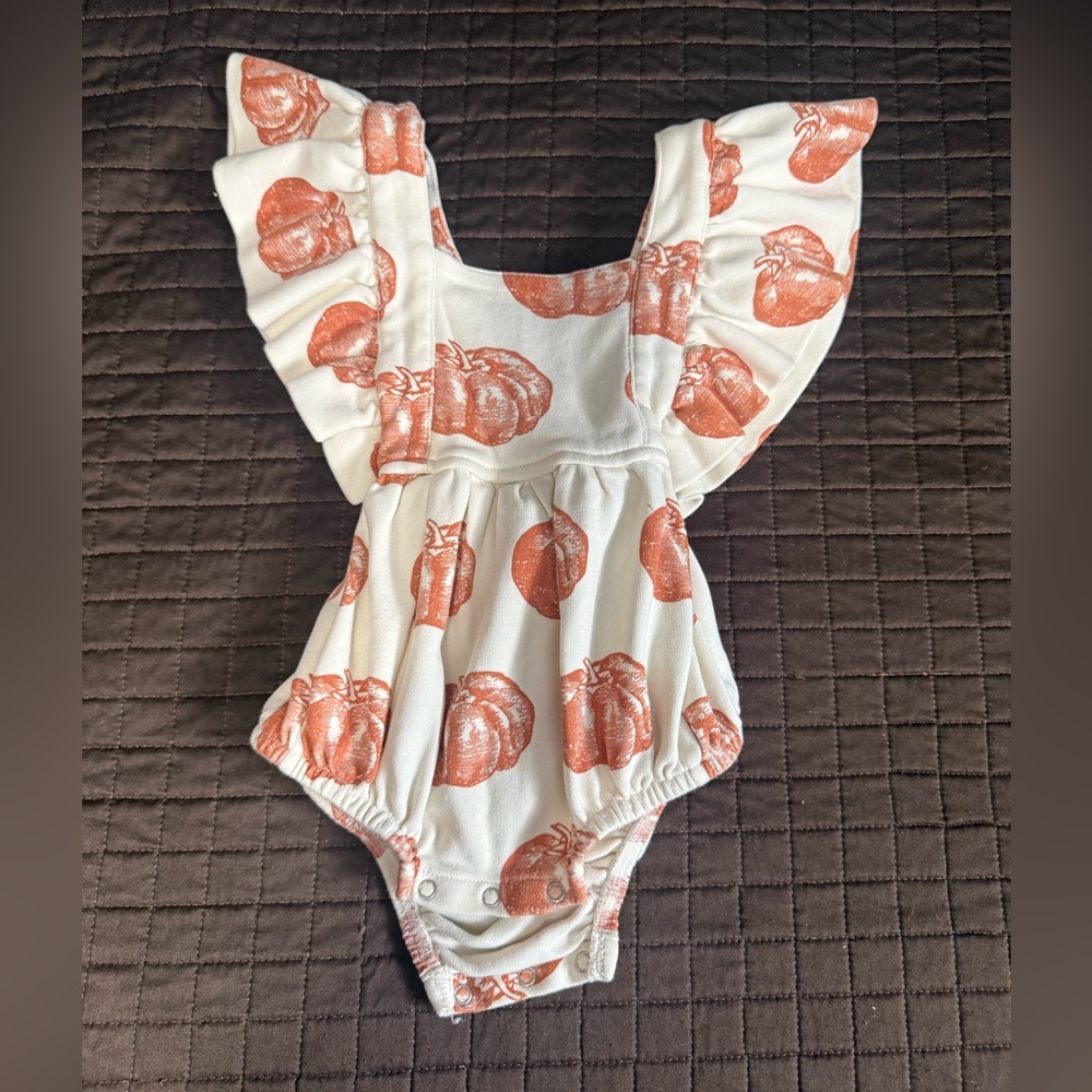 Kate Quinn | ruffle strap bubble | harvest pumpkin | organic cotton interlock